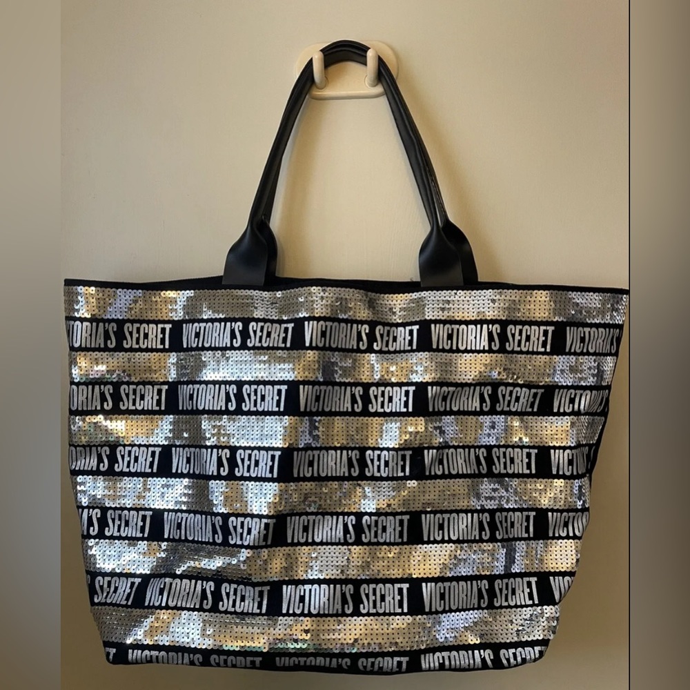 Victoria’s Secret XL black and silver sequin tote travel bag